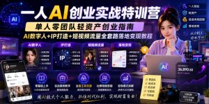 一人AI创业实战特训营，单人零团队轻资产创业指南，AI数字人+IP打造+短视频流量全套路落地变现教程-阿俊淘金