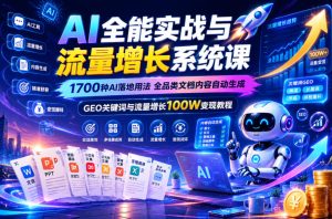 AI全能实战与流量增长系统课，1700种AI落地用法，全品类文档内容自动生成，GEO关键词与流量增长100W变现教程-阿俊淘金