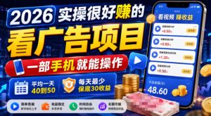 2026实操很好賺的看广告项目,一部手机就能操作,平均一天40到50,每天最少保底30收益【揭秘】-阿俊淘金