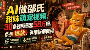 AI做邵氏甜妹萌宠视频,30条视频暴涨58万粉,条条爆款,详细拆解教程-阿俊淘金