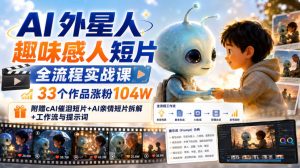 AI外星人趣味感人短片全流程实战课,33个作品涨粉104W,附赠AI催泪短片+AI亲情短片拆解+工作流与提示词-阿俊淘金